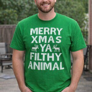 Men's T-Shirt Merry Xmas Ya Filthy Animal Green XL 100% Cotton Short Sleeve GUC